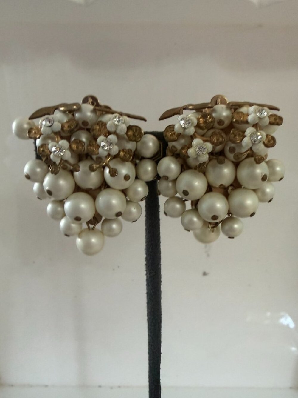 Vintage Haskell Style Gold Tone, Pearl and Rhinestone Clip on Earrings